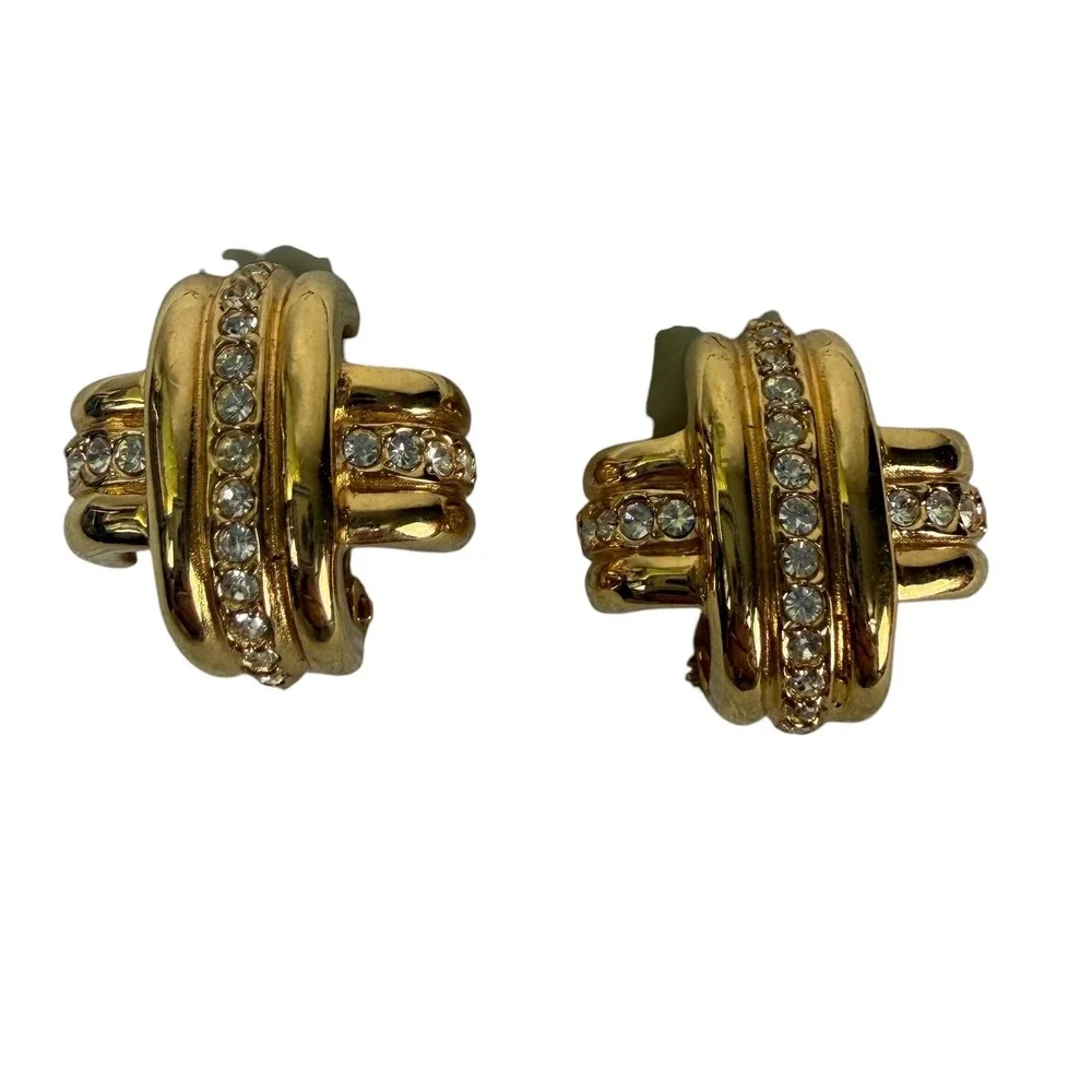 Ciner Vintage Gold Tone Rhinestone Ribbed Cross Clip On Earrings Statement